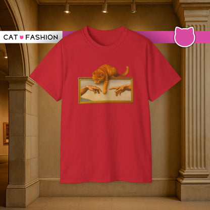 T-Shirt: Creation Interrupted – Funny Cat Parody of Michelangelo’s Art – Playful Graphic Tee for Cat Lovers & Humor Fans