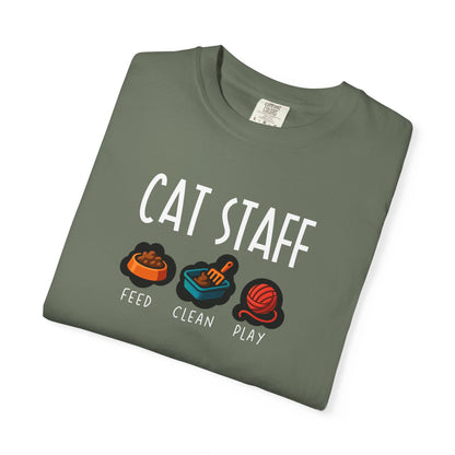 T-Shirt: Cat Staff Duties – Funny Pet Parent Graphic Tee – Cute Unisex Shirt Who Serve Their Furry Boss