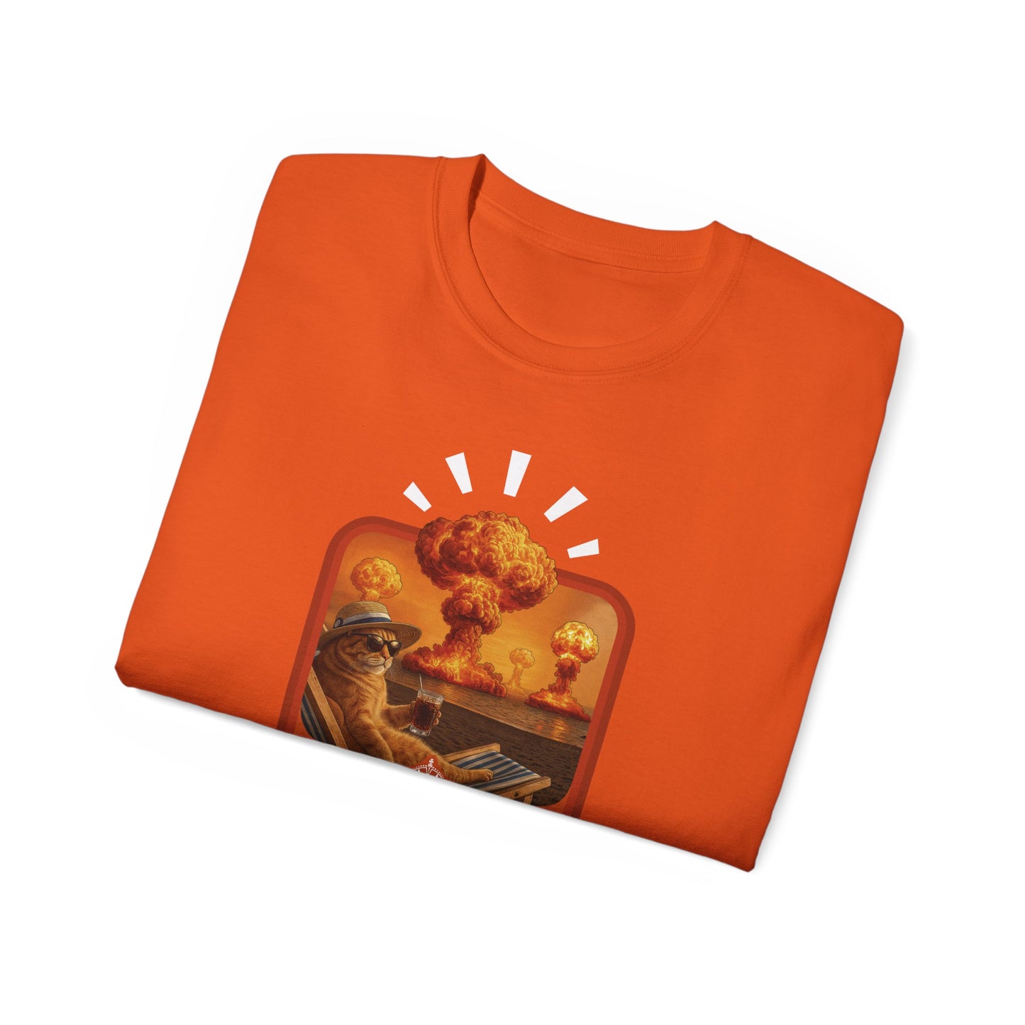 T-Shirt: Keep Calm – Surreal Cat in Chaos Artwork – Funny Apocalypse Parody for Dark Humor Fans