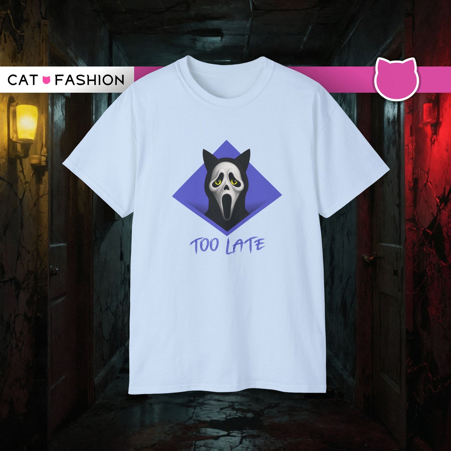 T-Shirt: Too Late – Scream Cat Ghost Mask Graphic Tee – Halloween Unisex Shirt for Spooky Season & Creepy Vibes