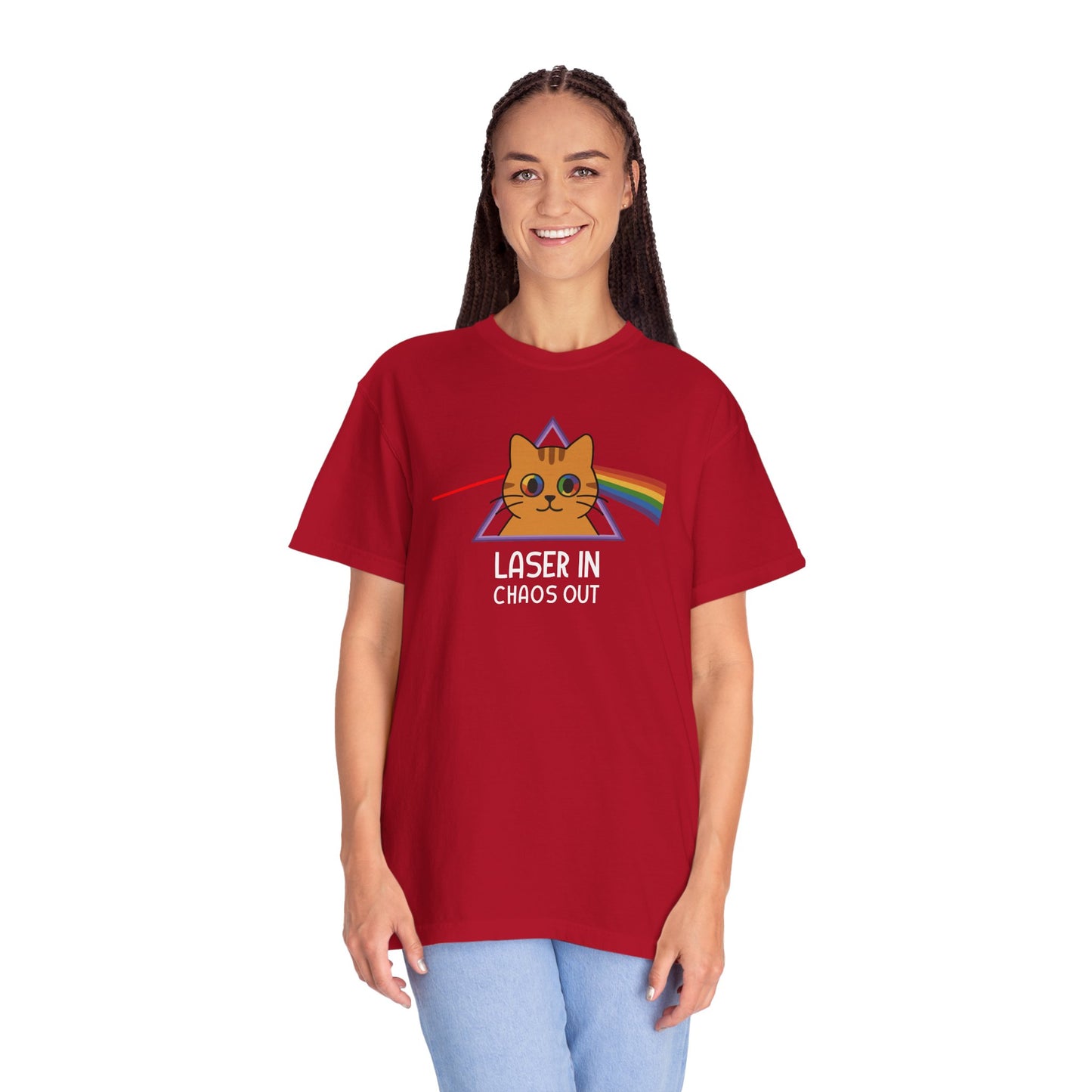 T-Shirt: Laser In - Chaos Out Cat Tee - Funny Rainbow Triangle Meme Shirt - Unisex Graphic Top for Nerds, Gamers and Cat People