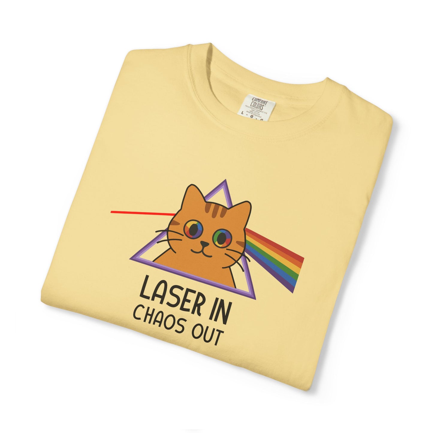 T-Shirt: Laser In - Chaos Out Cat Tee - Funny Rainbow Triangle Meme Shirt - Unisex Graphic Top for Nerds, Gamers and Cat People