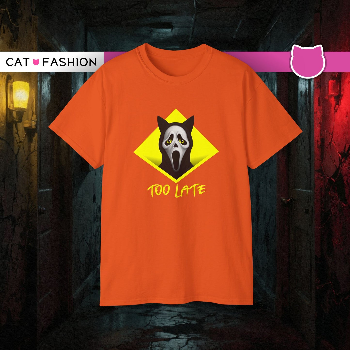 T-Shirt: Too Late – Scream Cat Ghost Mask Graphic Tee – Halloween Unisex Shirt for Spooky Season & Creepy Vibes
