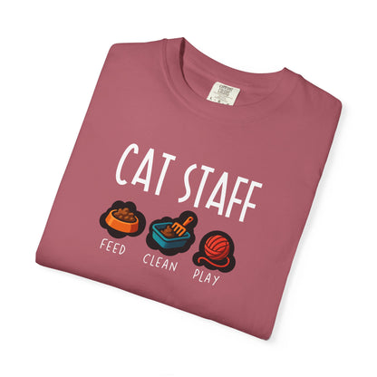T-Shirt: Cat Staff Duties – Funny Pet Parent Graphic Tee – Cute Unisex Shirt Who Serve Their Furry Boss