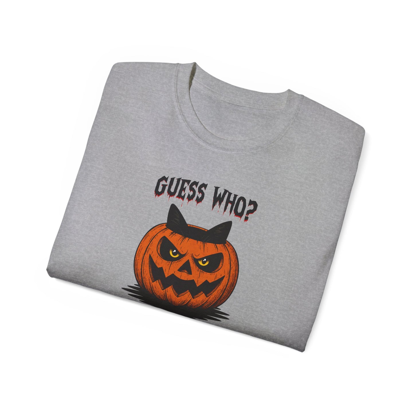 T-Shirt: Guess Who? – Halloween Cat Pumpkin Graphic Tee – Spooky Funny Unisex Shirt for Scary Season