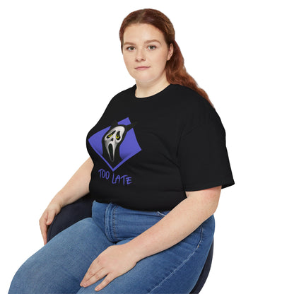 T-Shirt: Too Late – Scream Cat Ghost Mask Graphic Tee – Halloween Unisex Shirt for Spooky Season & Creepy Vibes