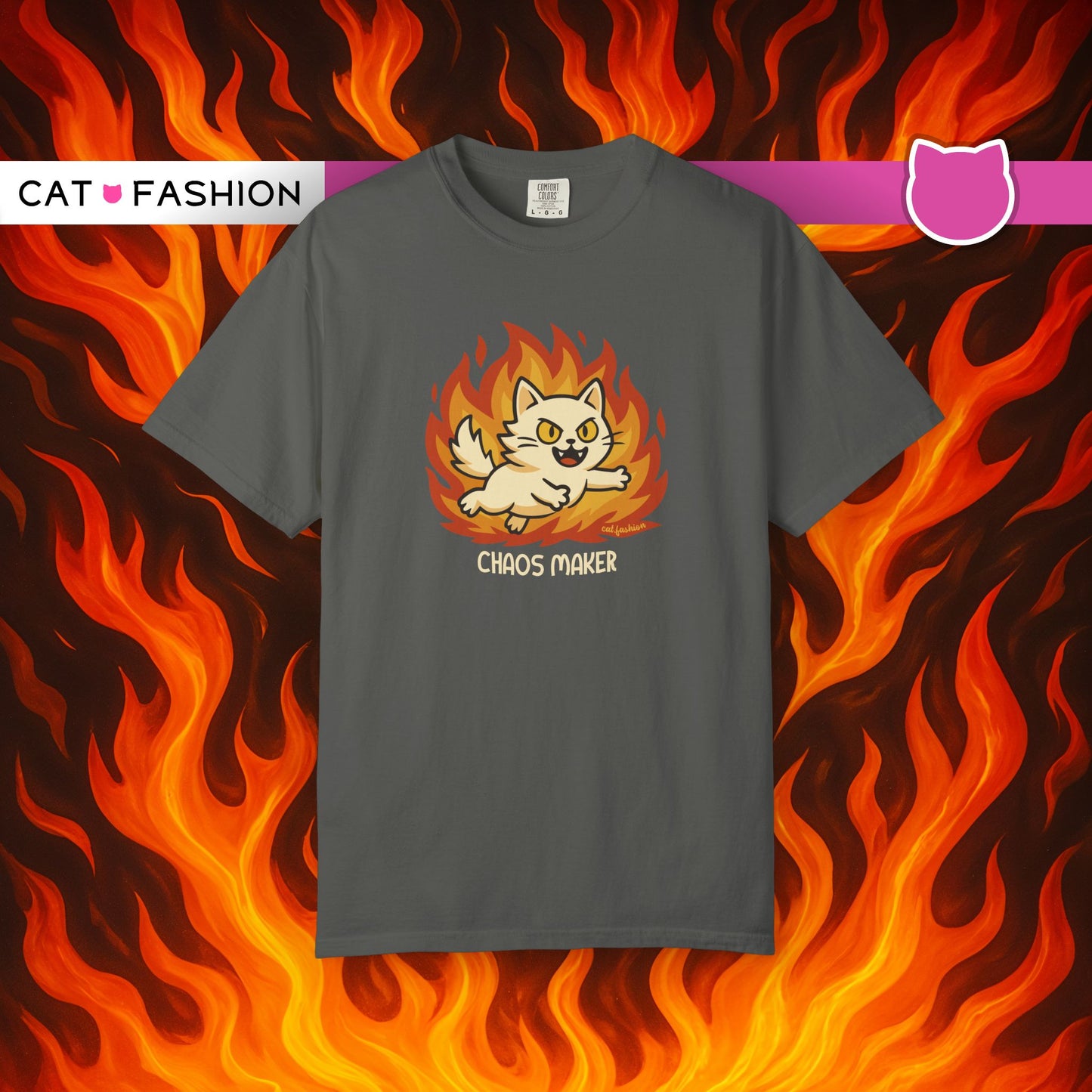 T-Shirt: Chaos Maker – Wild Cat in Flames Graphic Tee – Funny Unisex Shirt for Rebels, Gamers & Agents of Mayhem