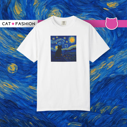 T-Shirt: The Starry Night with Cat - Van Gogh Parody Art Tee - Whimsical Unisex Shirt for Cat Lovers and Art Fans
