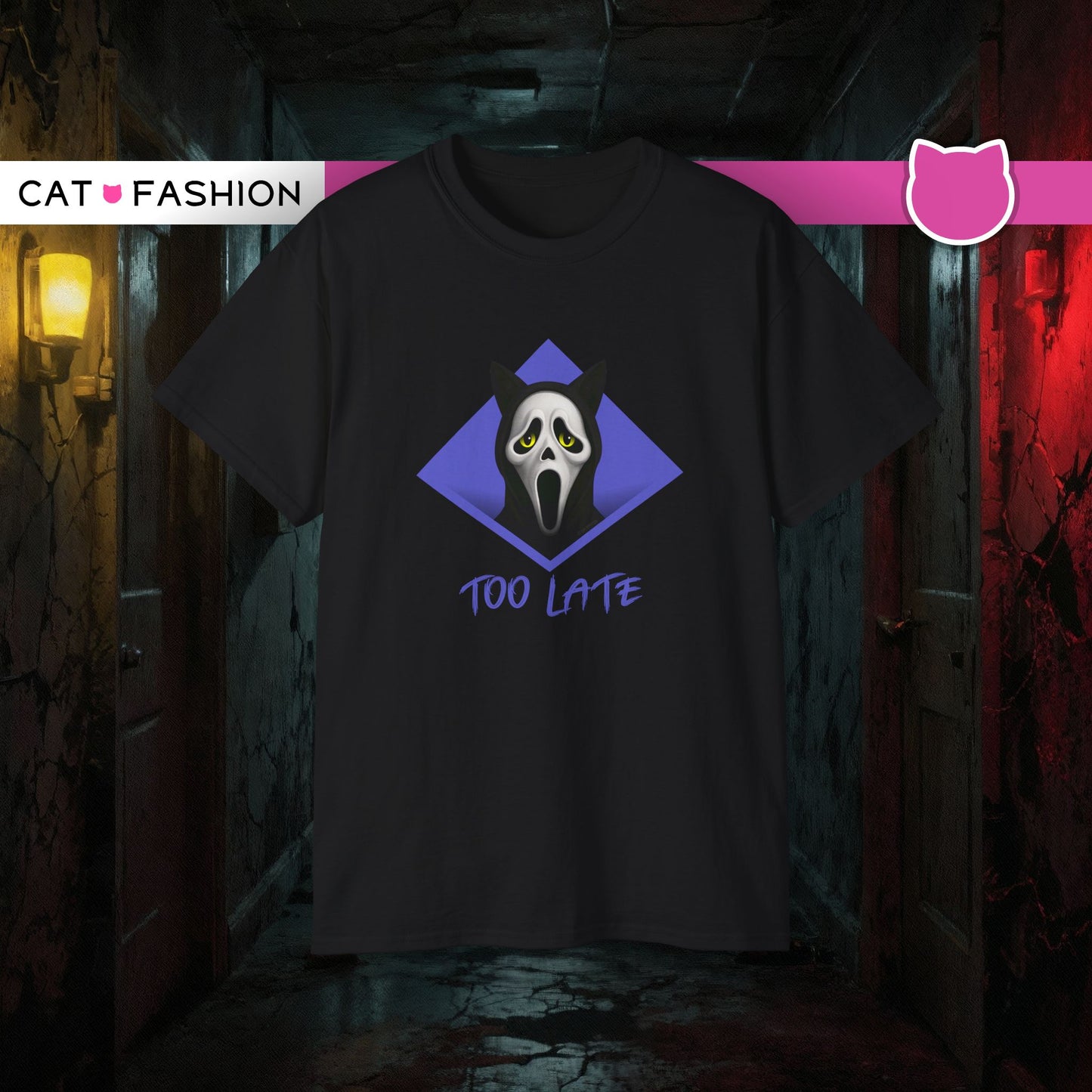 T-Shirt: Too Late – Scream Cat Ghost Mask Graphic Tee – Halloween Unisex Shirt for Spooky Season & Creepy Vibes