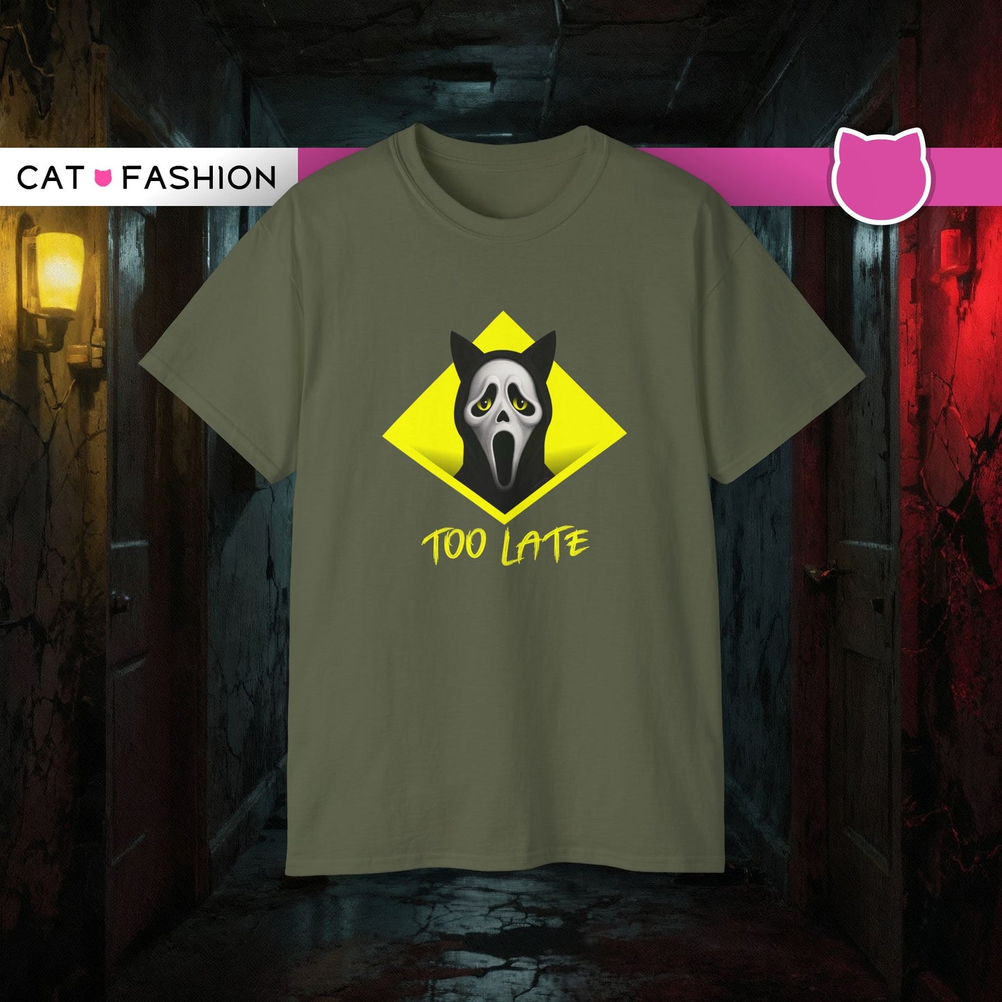 T-Shirt: Too Late – Scream Cat Ghost Mask Graphic Tee – Halloween Unisex Shirt for Spooky Season & Creepy Vibes