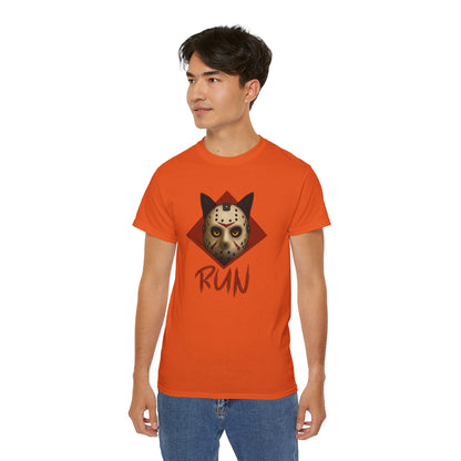 T-Shirt: RUN – Creepy Cat Horror Mask Graphic Tee – Halloween Scary Unisex Shirt for Spooky Season