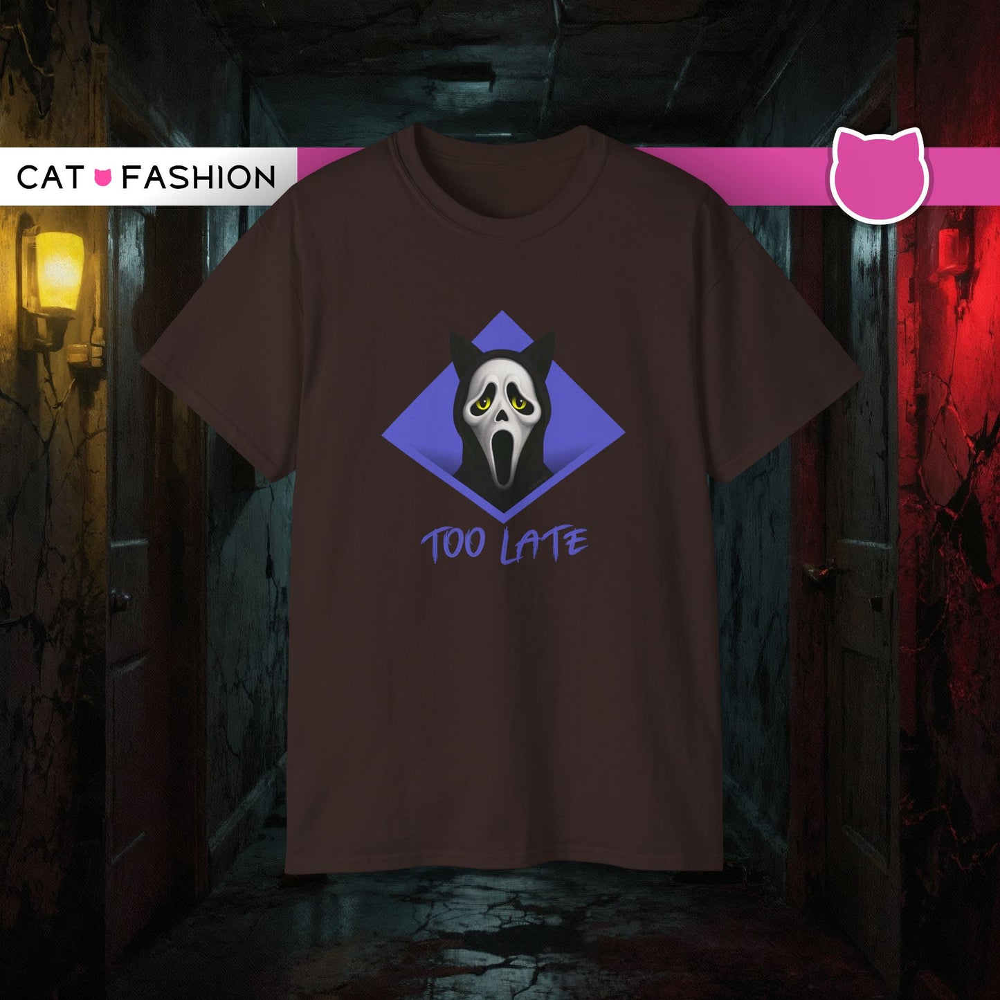 T-Shirt: Too Late – Scream Cat Ghost Mask Graphic Tee – Halloween Unisex Shirt for Spooky Season & Creepy Vibes