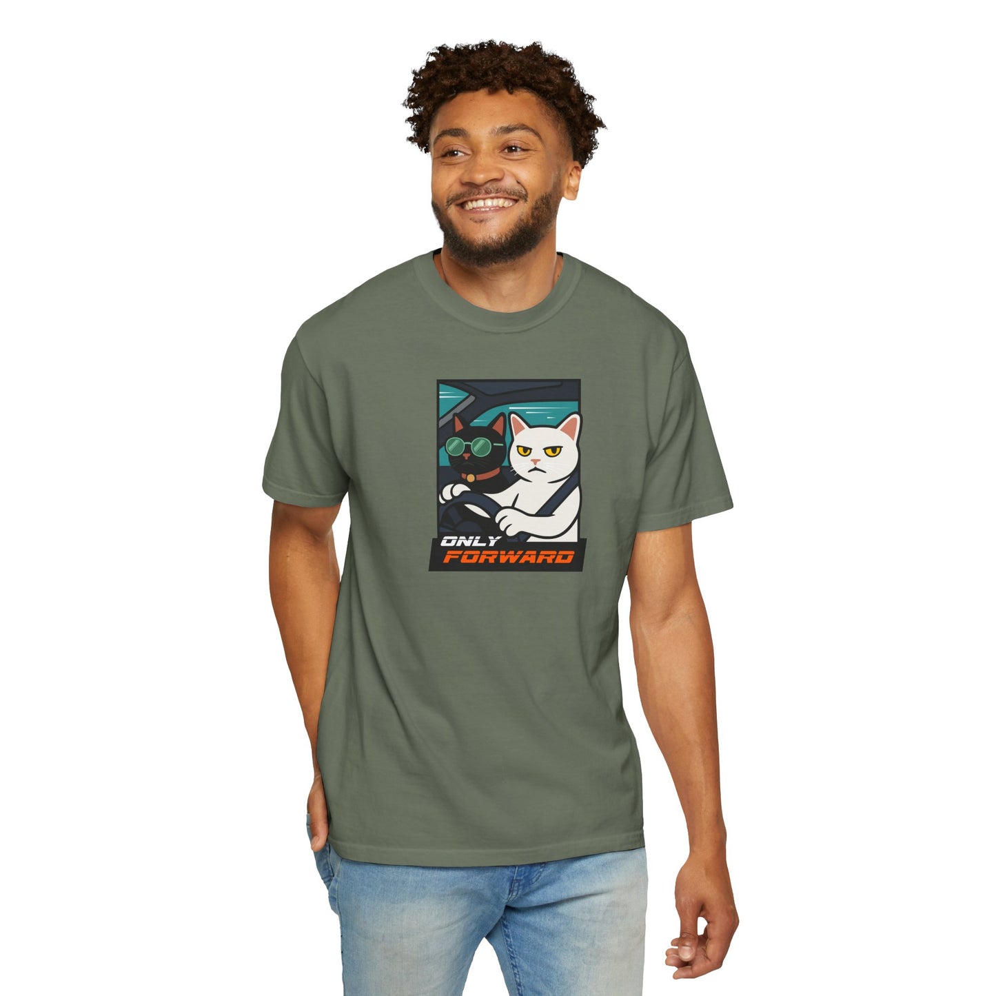 T-Shirt: Only Forward – Funny Cats Driving Graphic Tee – Cool Meme Shirt for Road Trip Fans