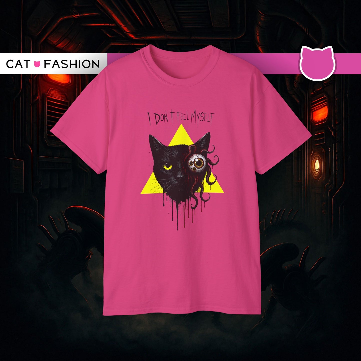 T-Shirt: I Don’t Feel Myself – Alien Horror Cat Graphic Tee – Creepy Gothic Unisex Shirt for Halloween & Sci-Fi Fans