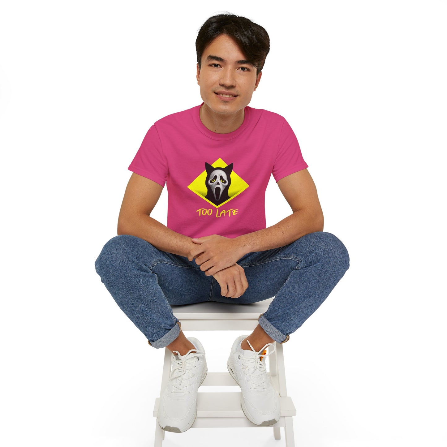 T-Shirt: Too Late – Scream Cat Ghost Mask Graphic Tee – Halloween Unisex Shirt for Spooky Season & Creepy Vibes