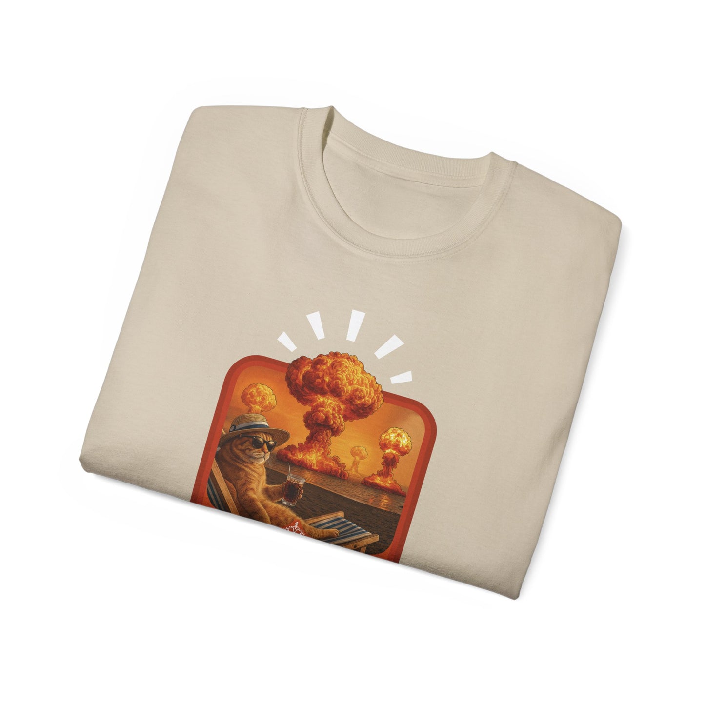 T-Shirt: Keep Calm – Surreal Cat in Chaos Artwork – Funny Apocalypse Parody for Dark Humor Fans