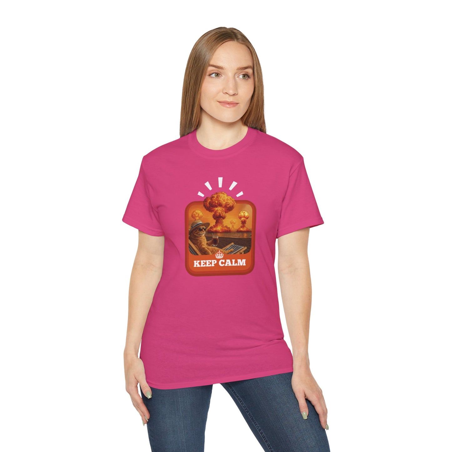 T-Shirt: Keep Calm – Surreal Cat in Chaos Artwork – Funny Apocalypse Parody for Dark Humor Fans