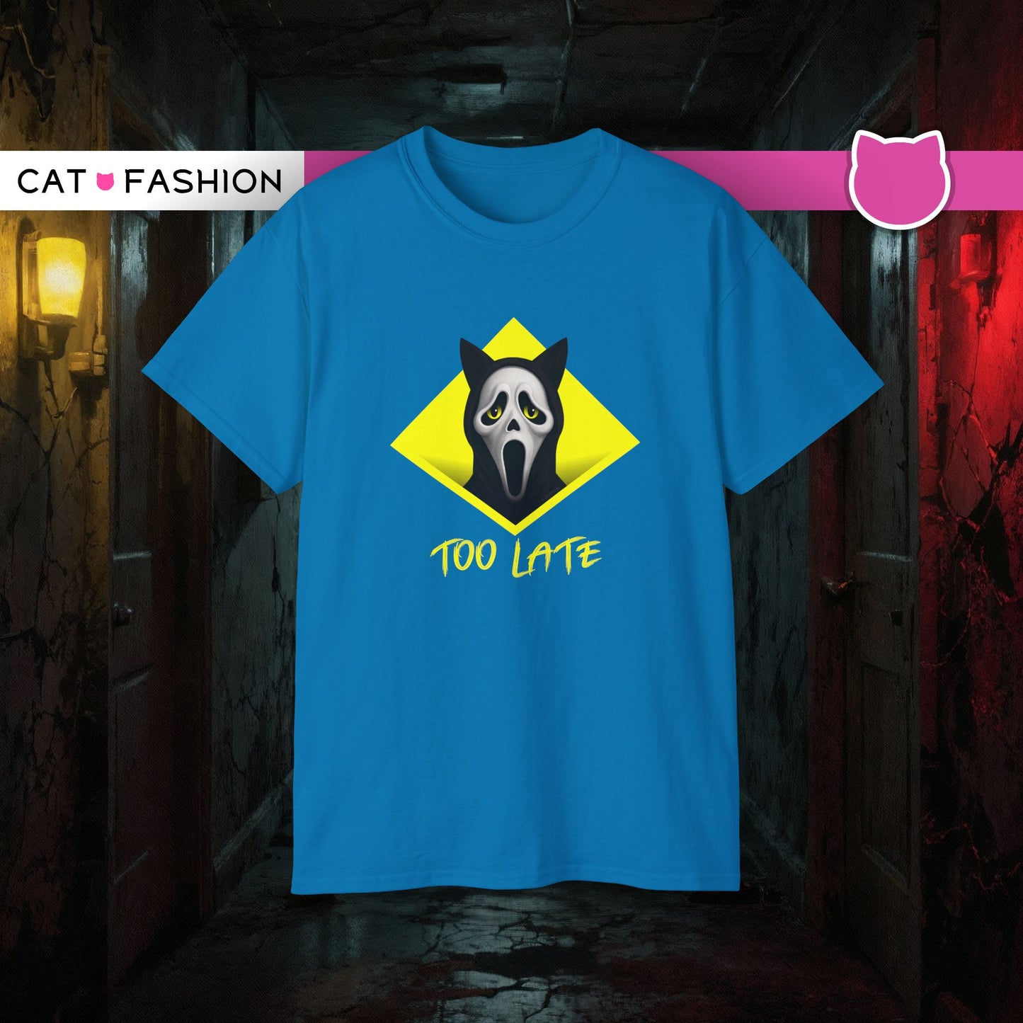 T-Shirt: Too Late – Scream Cat Ghost Mask Graphic Tee – Halloween Unisex Shirt for Spooky Season & Creepy Vibes