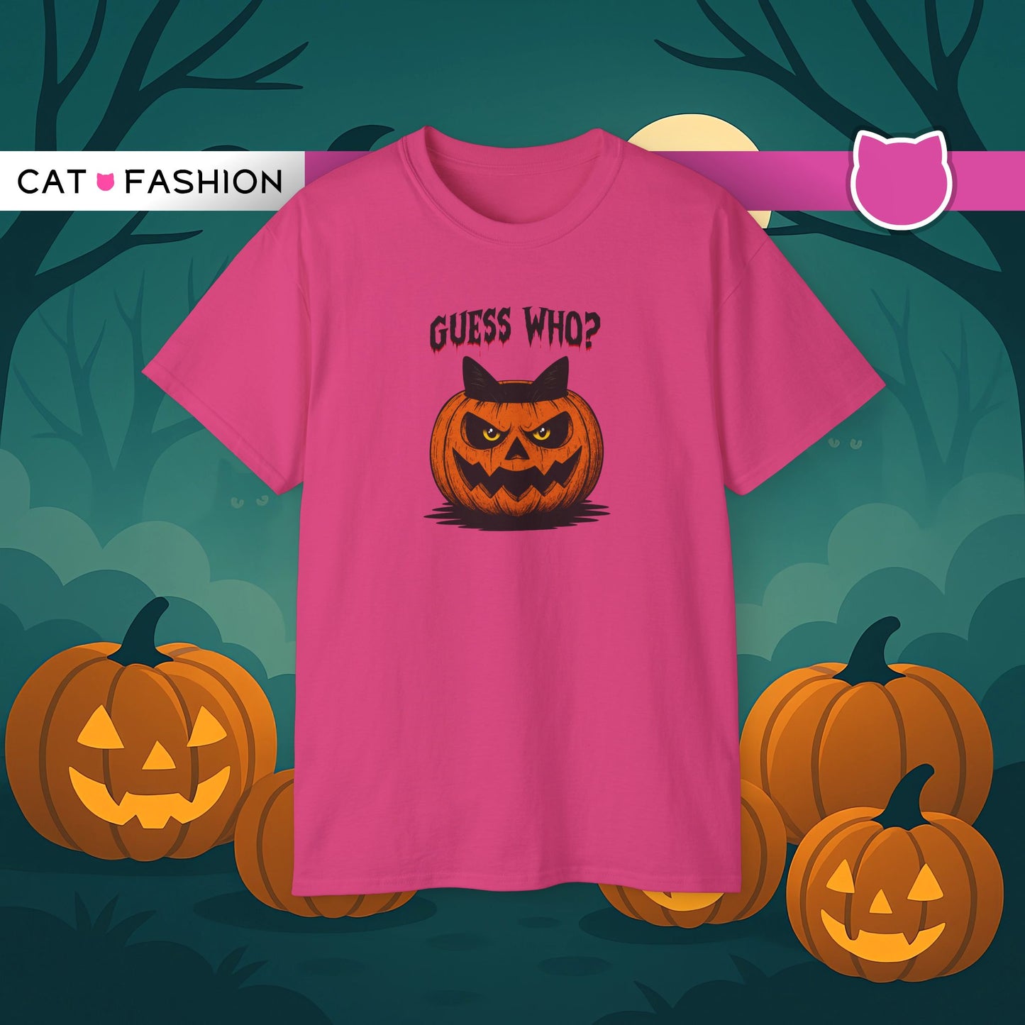 T-Shirt: Guess Who? – Halloween Cat Pumpkin Graphic Tee – Spooky Funny Unisex Shirt for Scary Season