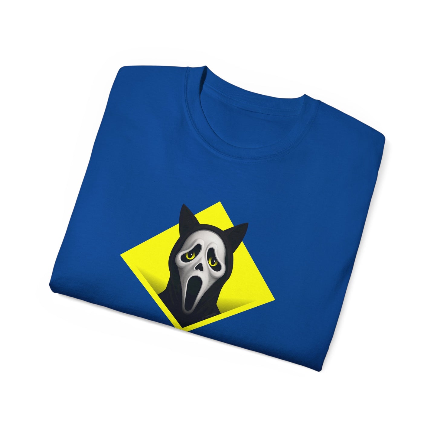 T-Shirt: Too Late – Scream Cat Ghost Mask Graphic Tee – Halloween Unisex Shirt for Spooky Season & Creepy Vibes