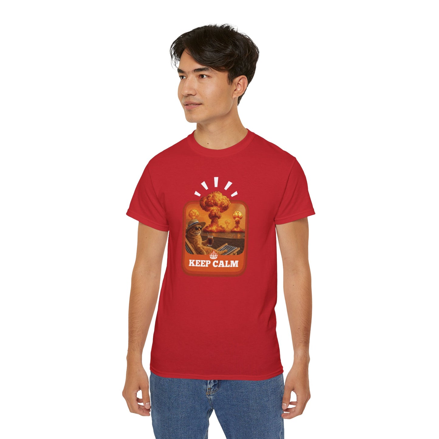 T-Shirt: Keep Calm – Surreal Cat in Chaos Artwork – Funny Apocalypse Parody for Dark Humor Fans