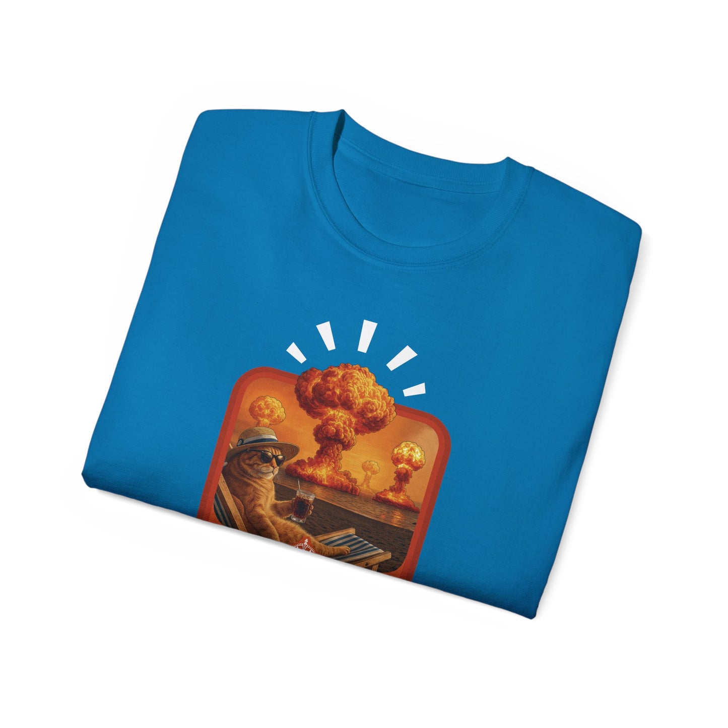 T-Shirt: Keep Calm – Surreal Cat in Chaos Artwork – Funny Apocalypse Parody for Dark Humor Fans