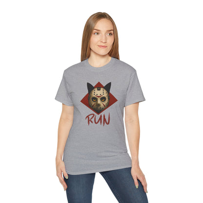 T-Shirt: RUN – Creepy Cat Horror Mask Graphic Tee – Halloween Scary Unisex Shirt for Spooky Season