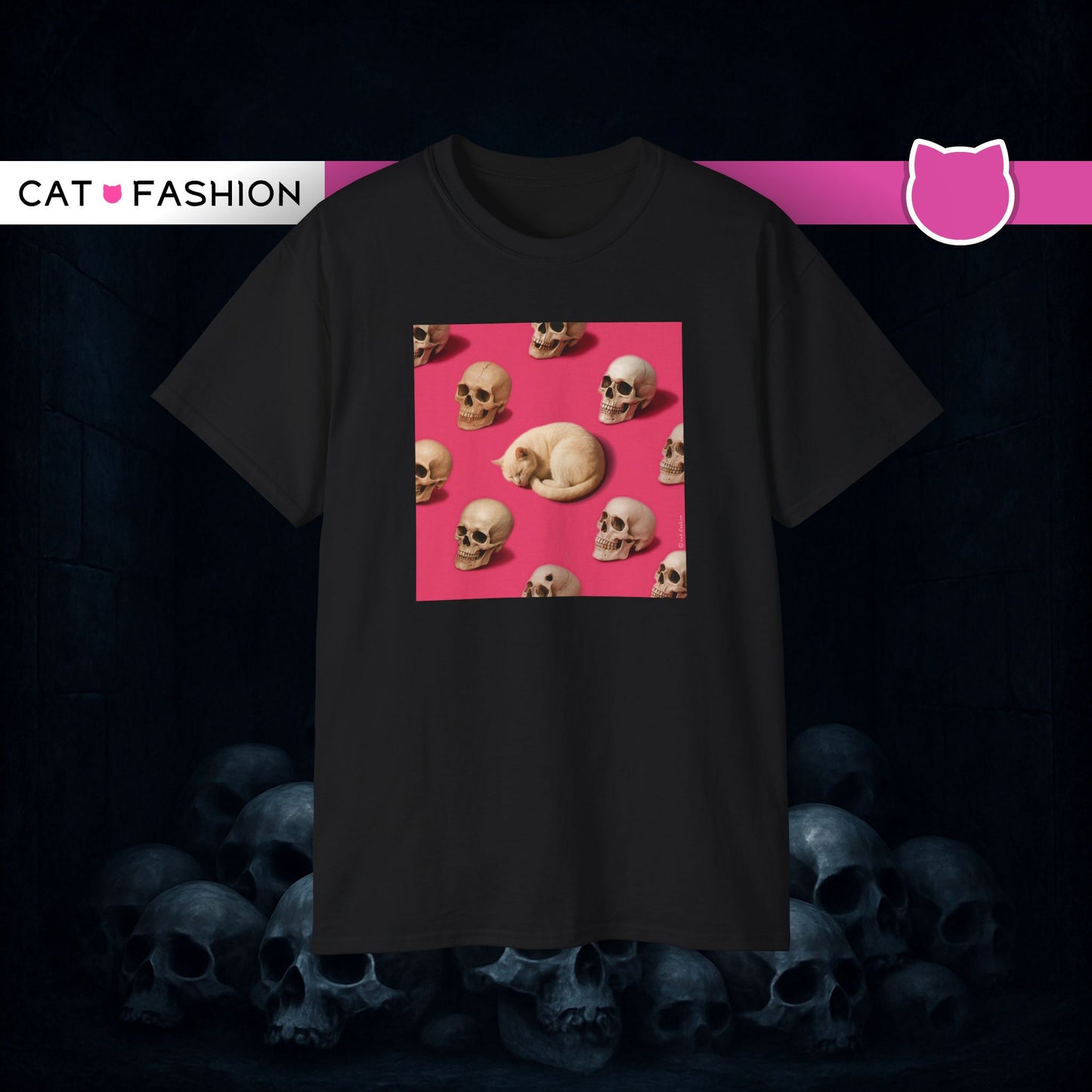 T-Shirt: The Cat and His Former Owners – Dark Humor Cat Graphic Tee – Funny Spooky Skull Unisex Shirt for Gothic Vibes