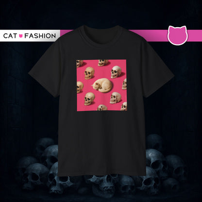 T-Shirt: The Cat and His Former Owners – Dark Humor Cat Graphic Tee – Funny Spooky Skull Unisex Shirt for Gothic Vibes