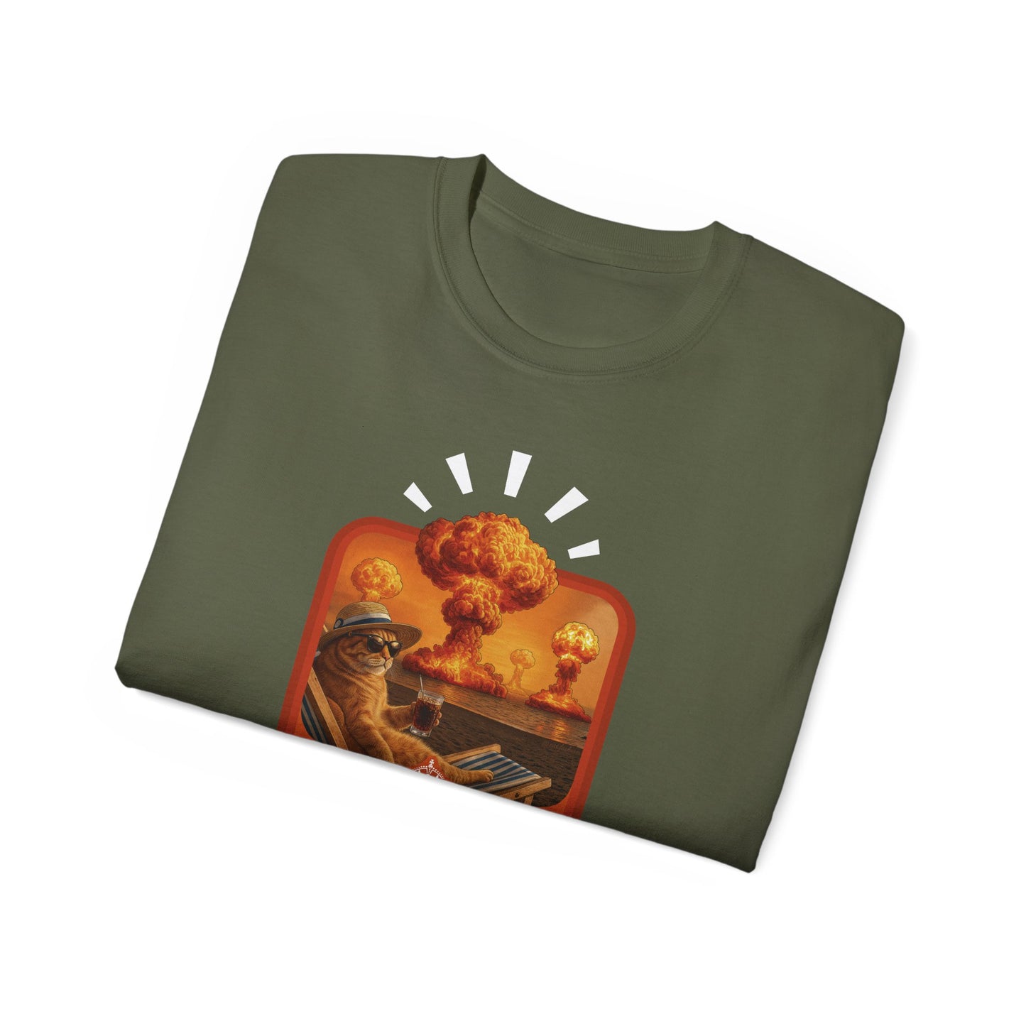 T-Shirt: Keep Calm – Surreal Cat in Chaos Artwork – Funny Apocalypse Parody for Dark Humor Fans