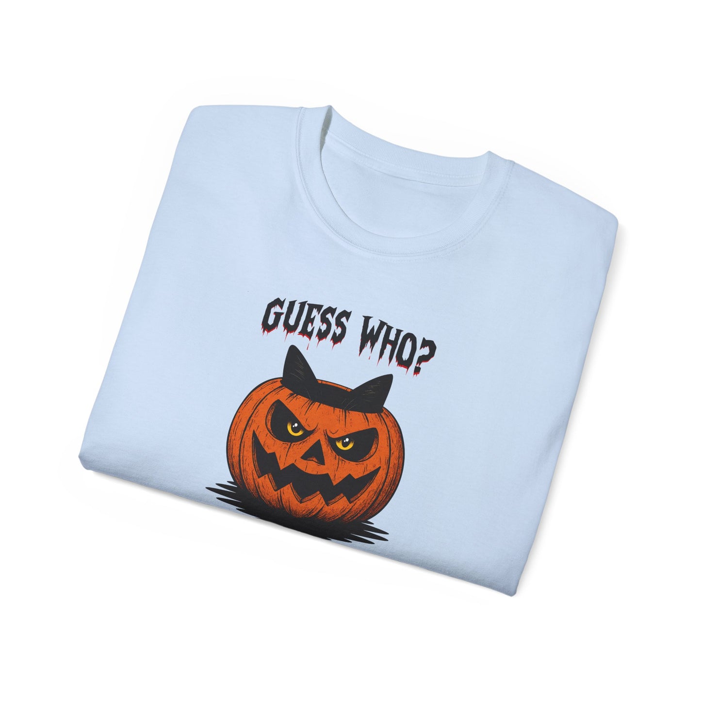 T-Shirt: Guess Who? – Halloween Cat Pumpkin Graphic Tee – Spooky Funny Unisex Shirt for Scary Season