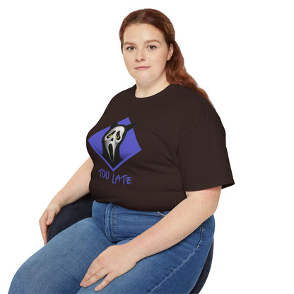 T-Shirt: Too Late – Scream Cat Ghost Mask Graphic Tee – Halloween Unisex Shirt for Spooky Season & Creepy Vibes