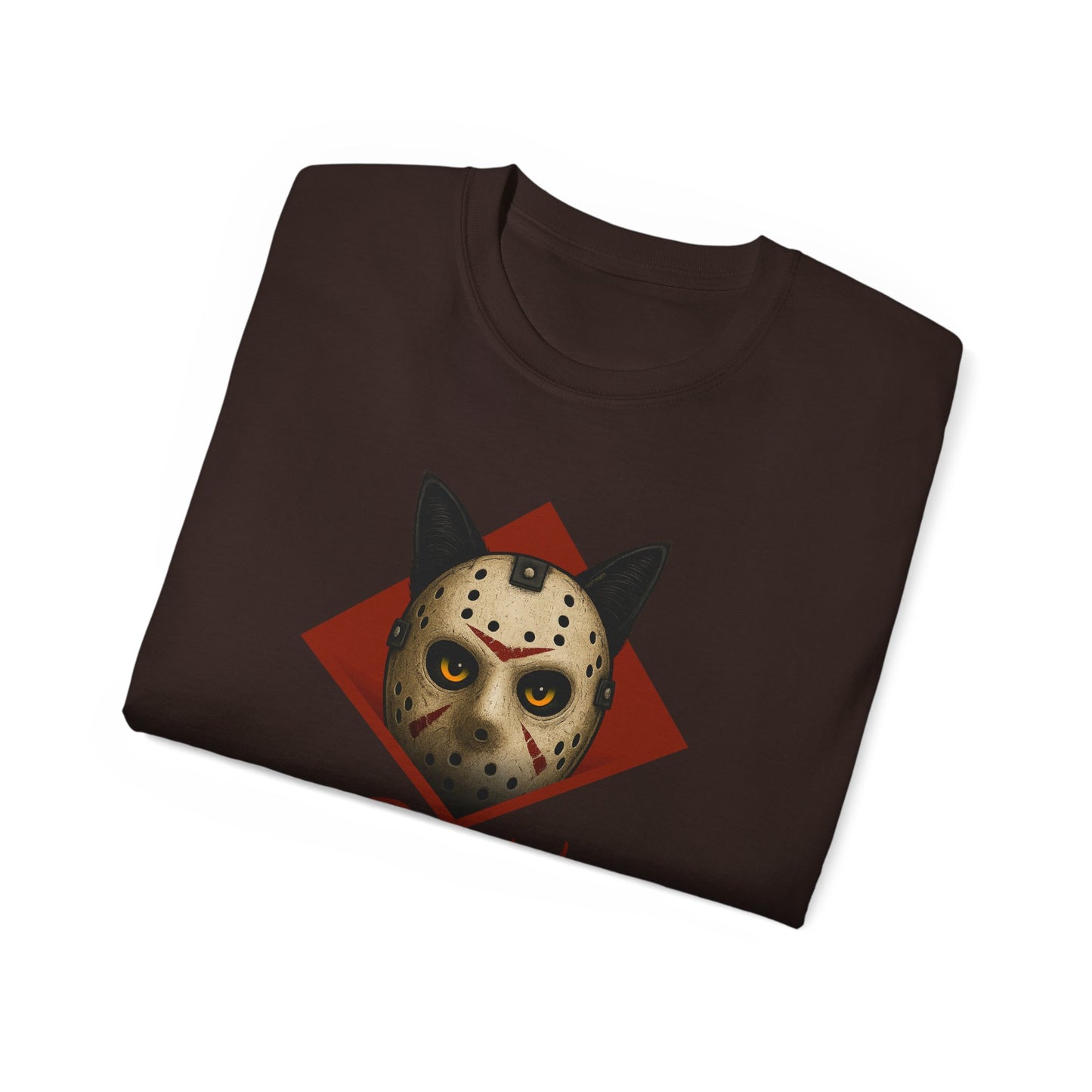 T-Shirt: RUN – Creepy Cat Horror Mask Graphic Tee – Halloween Scary Unisex Shirt for Spooky Season