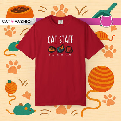 T-Shirt: Cat Staff Duties – Funny Pet Parent Graphic Tee – Cute Unisex Shirt Who Serve Their Furry Boss