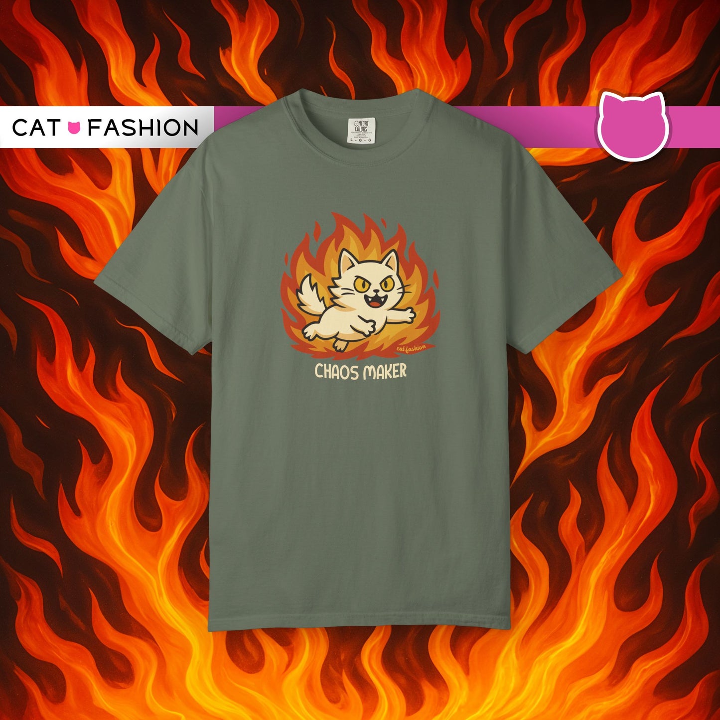 T-Shirt: Chaos Maker – Wild Cat in Flames Graphic Tee – Funny Unisex Shirt for Rebels, Gamers & Agents of Mayhem