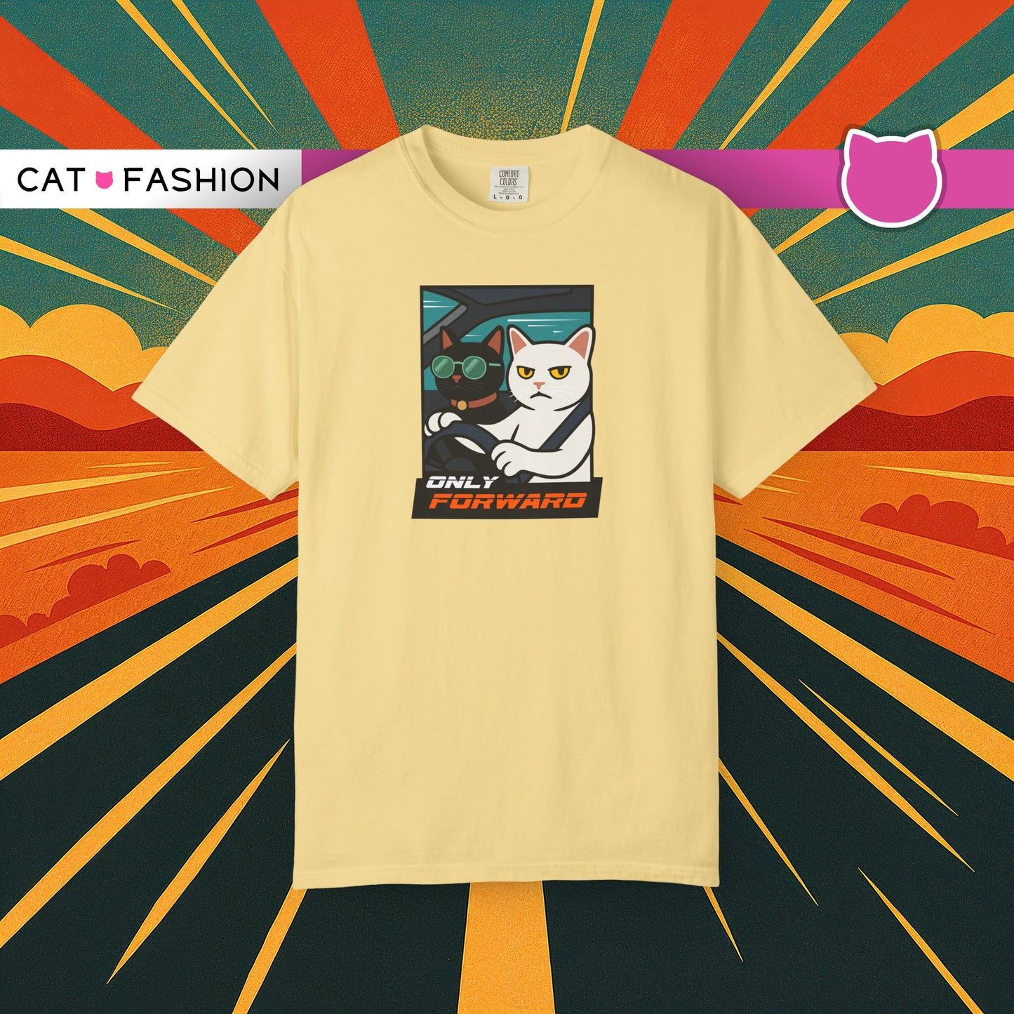 T-Shirt: Only Forward – Funny Cats Driving Graphic Tee – Cool Meme Shirt for Road Trip Fans