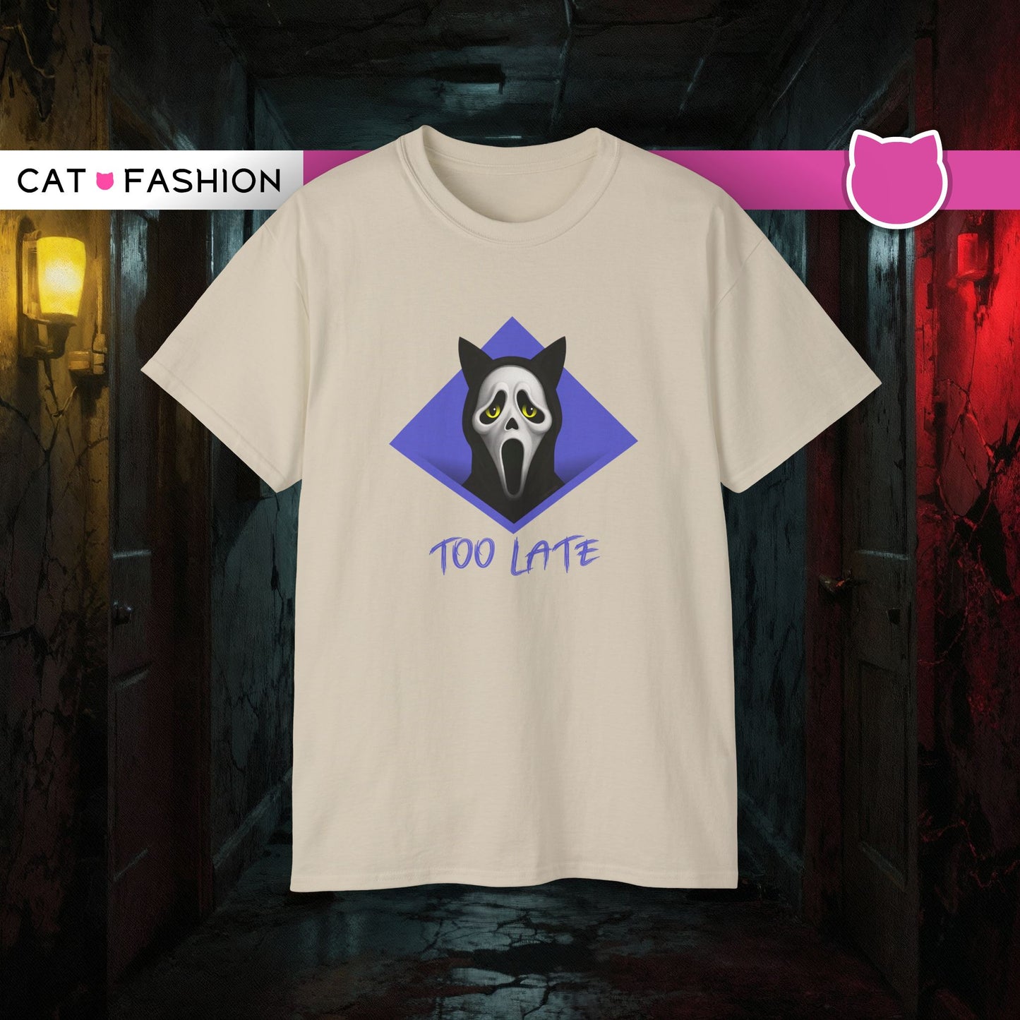 T-Shirt: Too Late – Scream Cat Ghost Mask Graphic Tee – Halloween Unisex Shirt for Spooky Season & Creepy Vibes