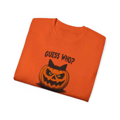 T-Shirt: Guess Who? – Halloween Cat Pumpkin Graphic Tee – Spooky Funny Unisex Shirt for Scary Season