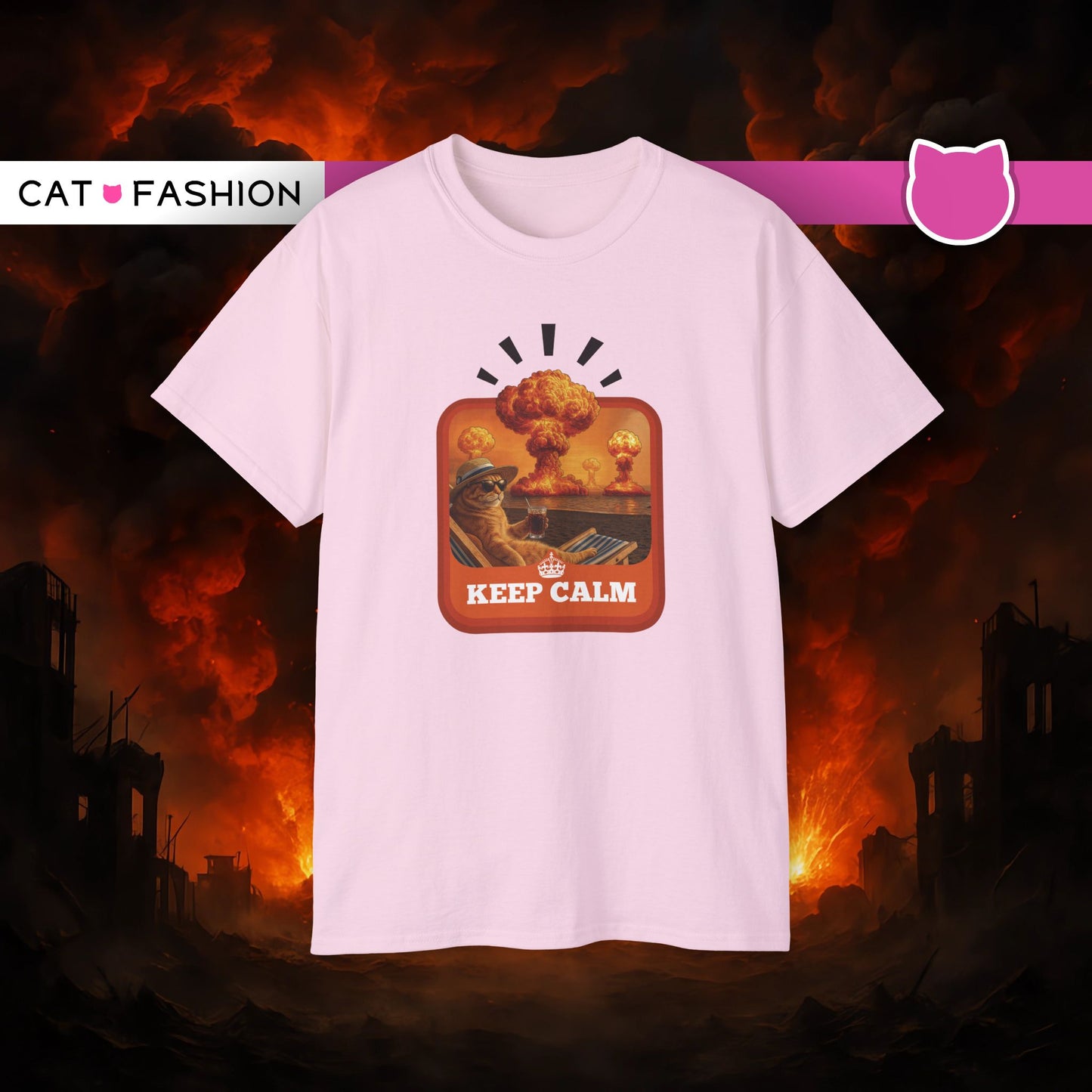T-Shirt: Keep Calm – Surreal Cat in Chaos Artwork – Funny Apocalypse Parody for Dark Humor Fans