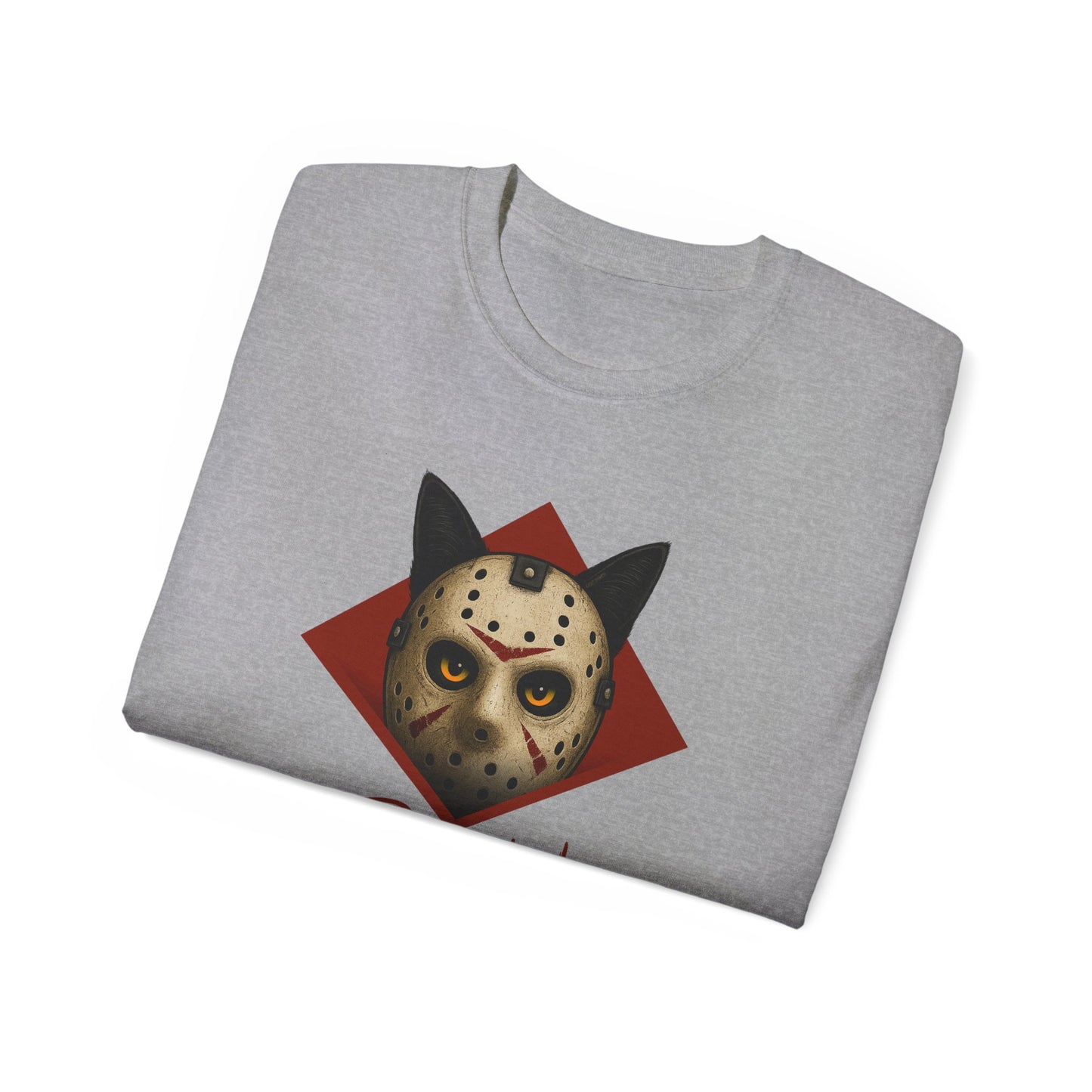 T-Shirt: RUN – Creepy Cat Horror Mask Graphic Tee – Halloween Scary Unisex Shirt for Spooky Season