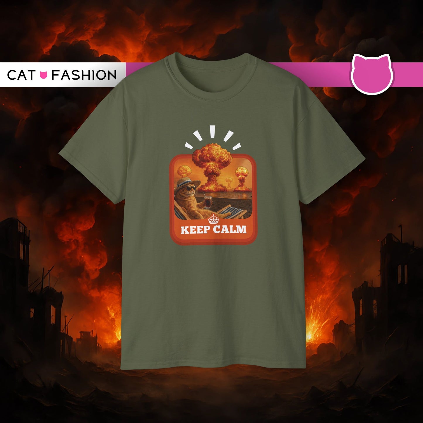 T-Shirt: Keep Calm – Surreal Cat in Chaos Artwork – Funny Apocalypse Parody for Dark Humor Fans