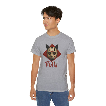 T-Shirt: RUN – Creepy Cat Horror Mask Graphic Tee – Halloween Scary Unisex Shirt for Spooky Season
