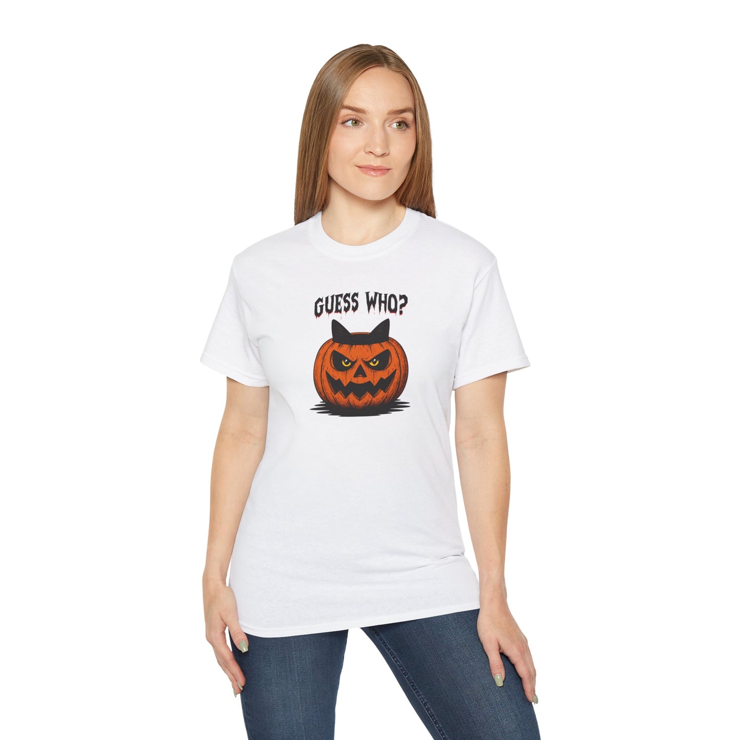 T-Shirt: Guess Who? – Halloween Cat Pumpkin Graphic Tee – Spooky Funny Unisex Shirt for Scary Season