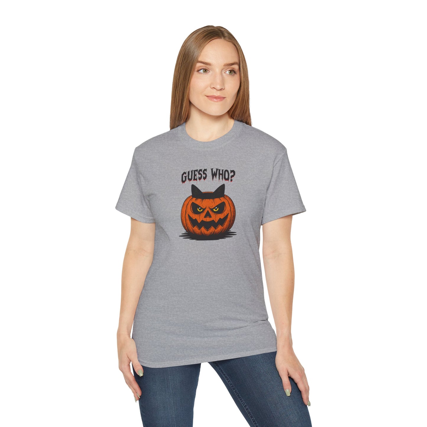 T-Shirt: Guess Who? – Halloween Cat Pumpkin Graphic Tee – Spooky Funny Unisex Shirt for Scary Season