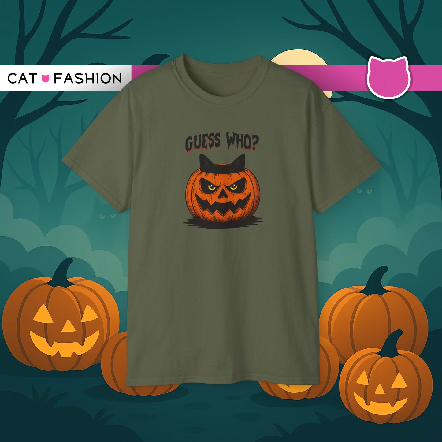 T-Shirt: Guess Who? – Halloween Cat Pumpkin Graphic Tee – Spooky Funny Unisex Shirt for Scary Season