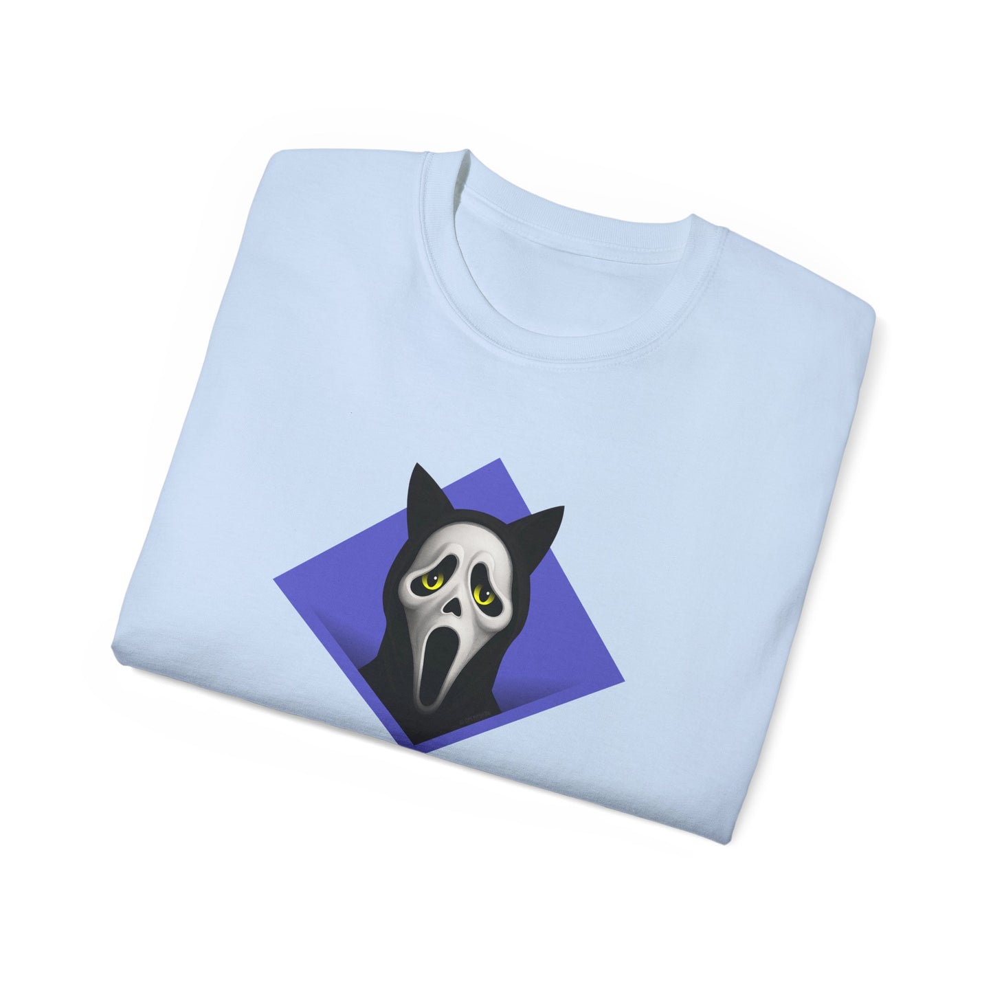 T-Shirt: Too Late – Scream Cat Ghost Mask Graphic Tee – Halloween Unisex Shirt for Spooky Season & Creepy Vibes