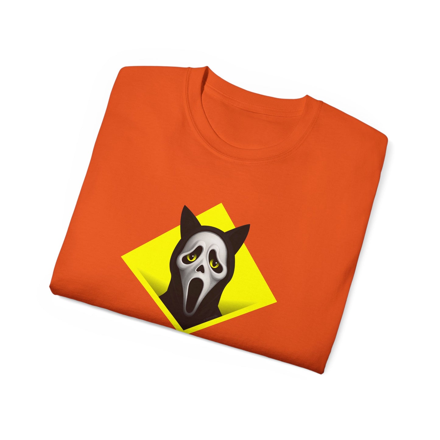 T-Shirt: Too Late – Scream Cat Ghost Mask Graphic Tee – Halloween Unisex Shirt for Spooky Season & Creepy Vibes