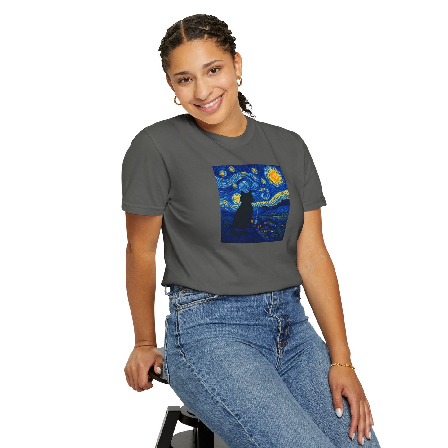 T-Shirt: The Starry Night with Cat - Van Gogh Parody Art Tee - Whimsical Unisex Shirt for Cat Lovers and Art Fans