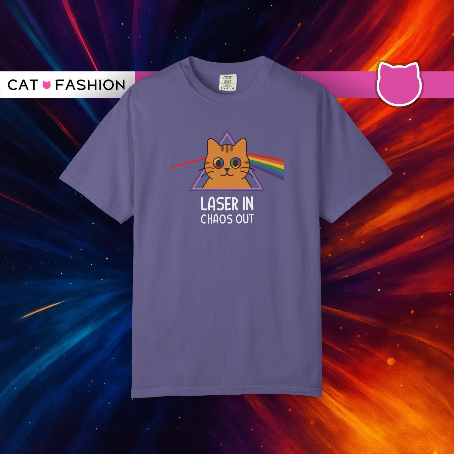 T-Shirt: Laser In - Chaos Out Cat Tee - Funny Rainbow Triangle Meme Shirt - Unisex Graphic Top for Nerds, Gamers and Cat People