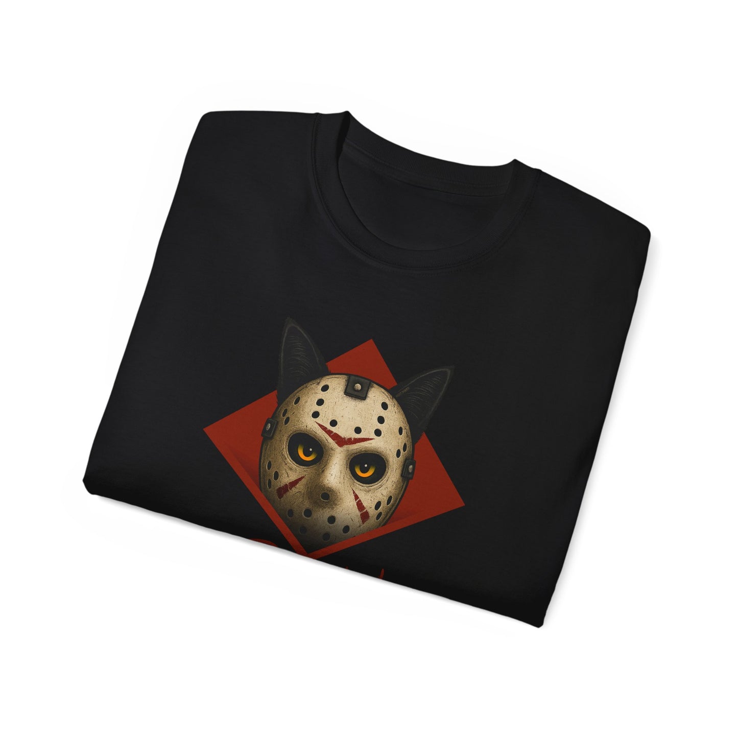 T-Shirt: RUN – Creepy Cat Horror Mask Graphic Tee – Halloween Scary Unisex Shirt for Spooky Season